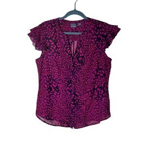 Covington Top Pleated & Ruffles Sheer Navy Pink Animal Print L